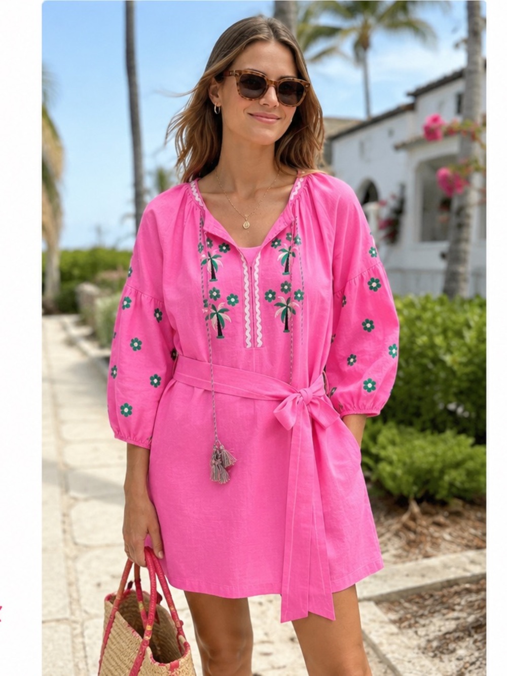 NWT J. Crew hot pink green tassel belted cover-up dress embroidered palm trees S